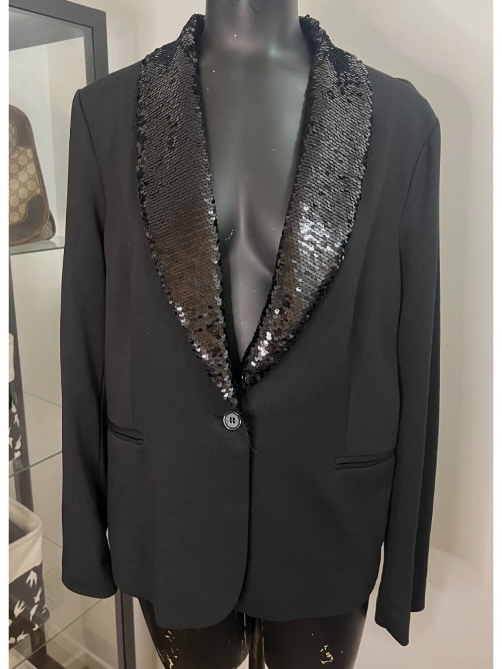 Adrianna Papell Black Blazer With Sequin Lapel Single-Button Closure Size Medium